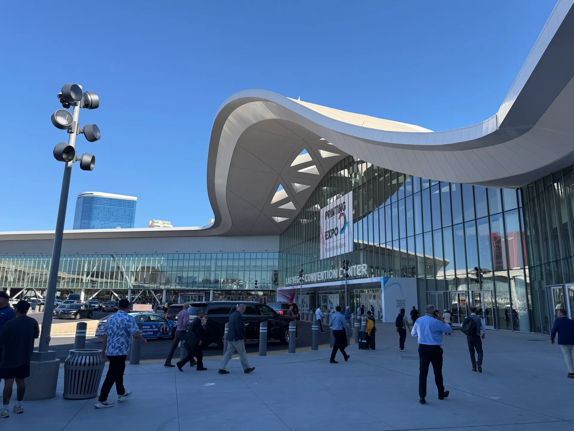 The renovated ribbon-roof architecture and North Hall entrance at the Las Vegas Convention Center (LVCC)