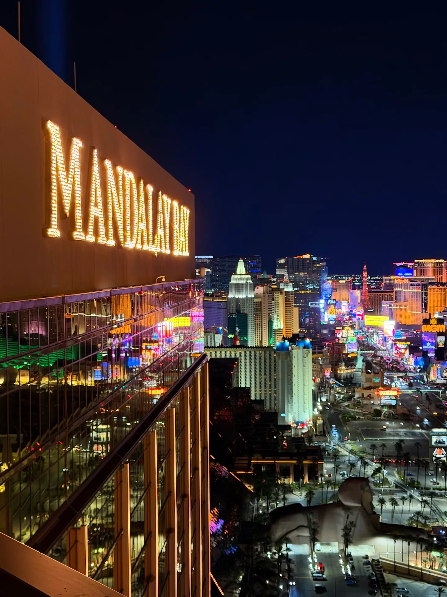 The Las Vegas Strip skyline illuminated at night looking north from Mandalay Bay